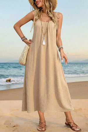 Effortless beige tie-shoulder midi dress in cotton blend, with a breezy casual fit.
