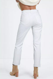White high-waisted straight leg jeans with frayed ankle cuffs and back pockets.