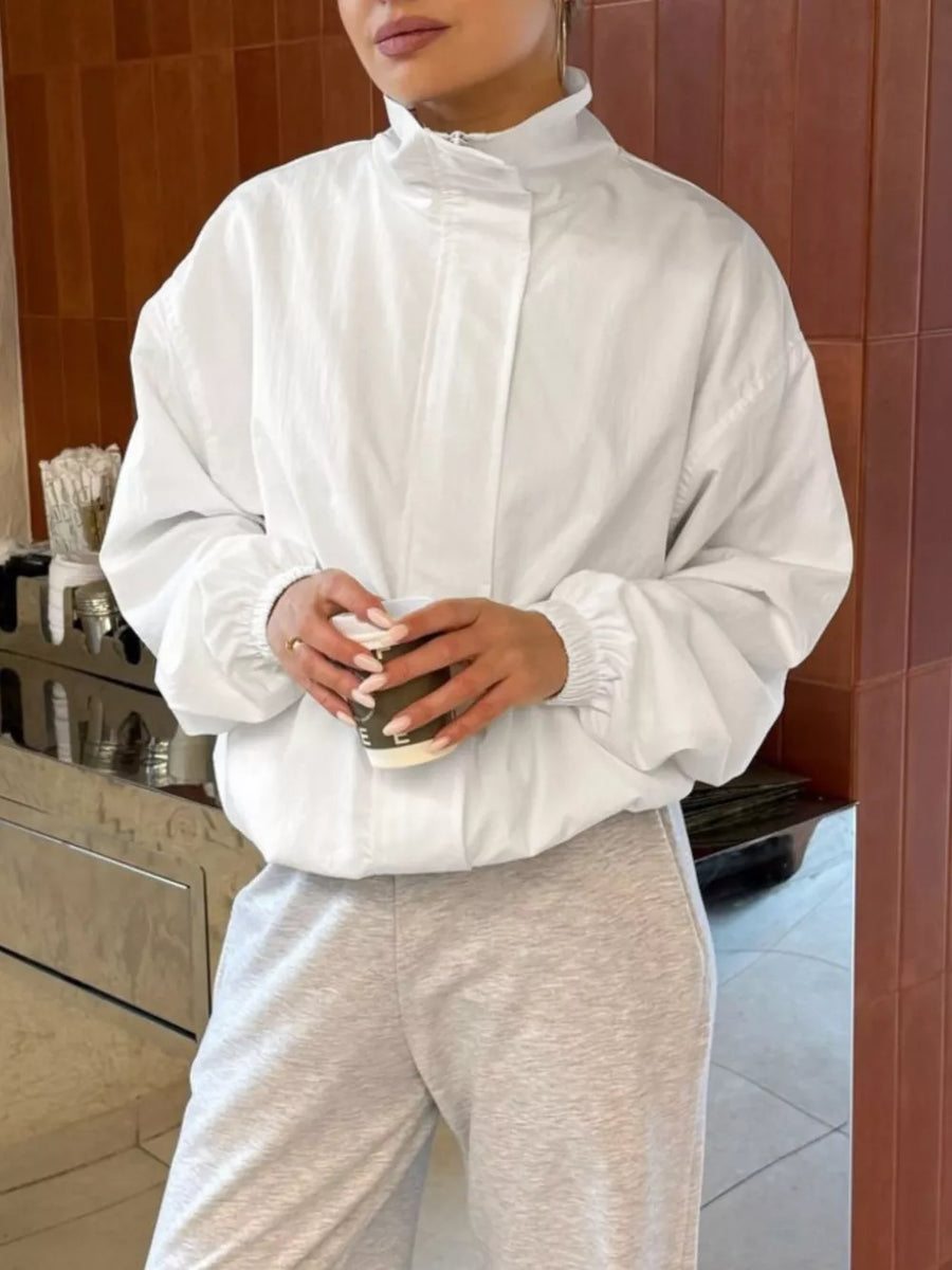 Zip Up Dropped Shoulder Jacket in White with pocketed