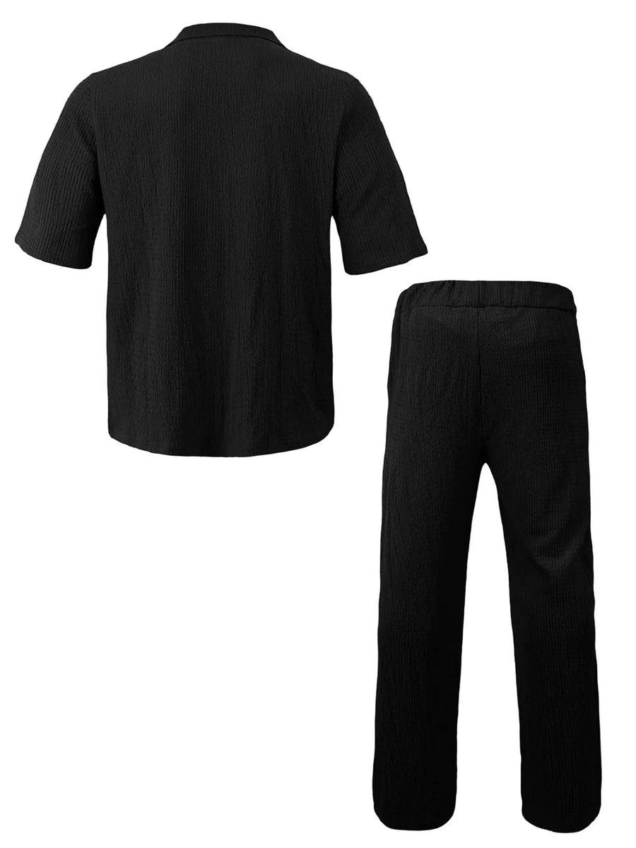 Black textured short sleeve collared shirt and wide leg pants set