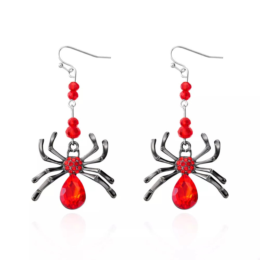Red earrings with hook-and-eye and spider motif