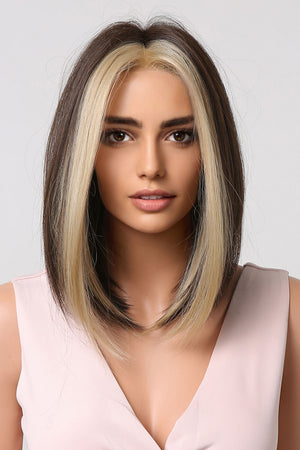 Two-tone brown and blonde money piece bob wig with face-framing layers.