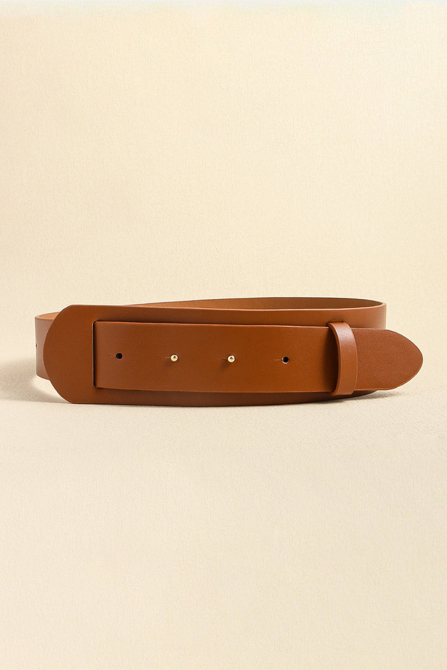 Caramel leather waist belt with adjustable buckle and three holes.
