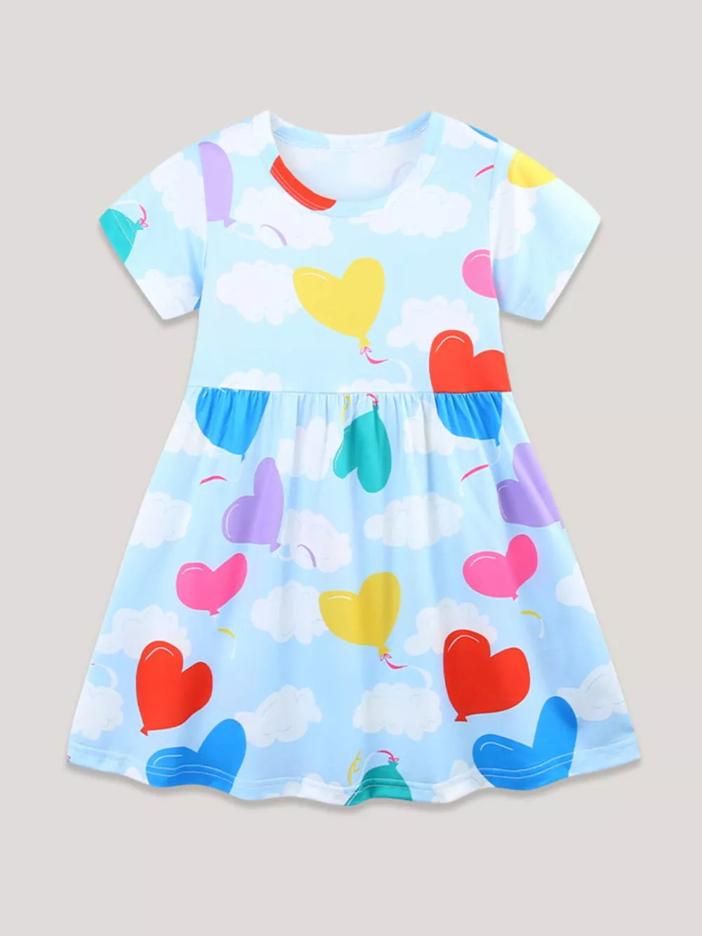 Toddler a-line dress with short sleeves and a playful heart balloon print on a sky blue background.