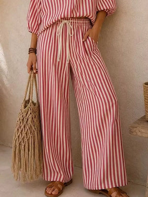 Striped Puff Sleeve Shirt And Wide-leg Pants Set in Light Blue