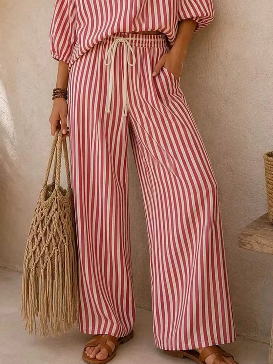 Striped Puff Sleeve Shirt And Wide-leg Pants Set in Light Blue