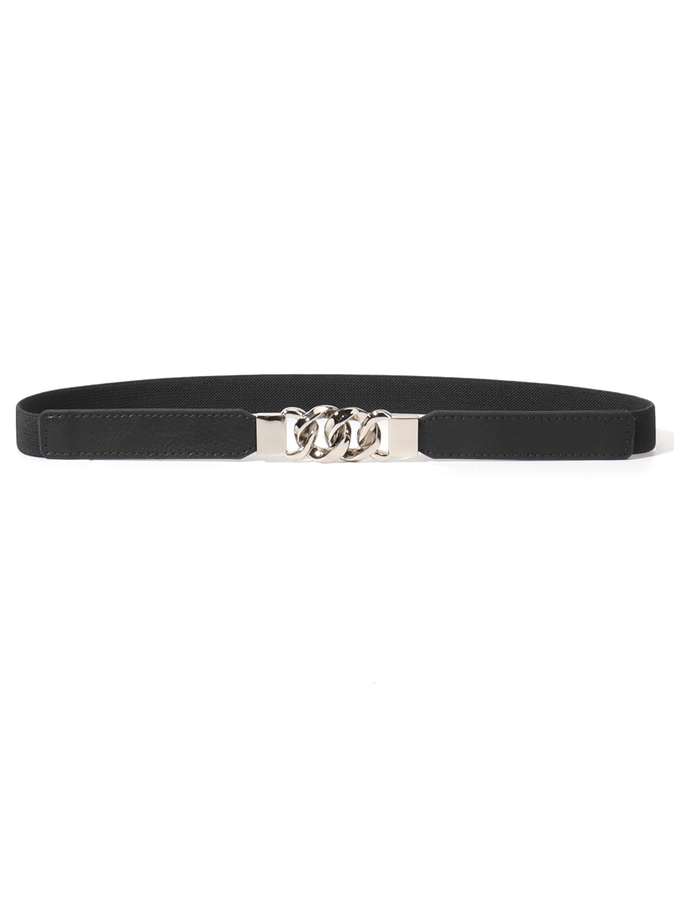 Black faux leather belt with silver chain detail and silver buckle.