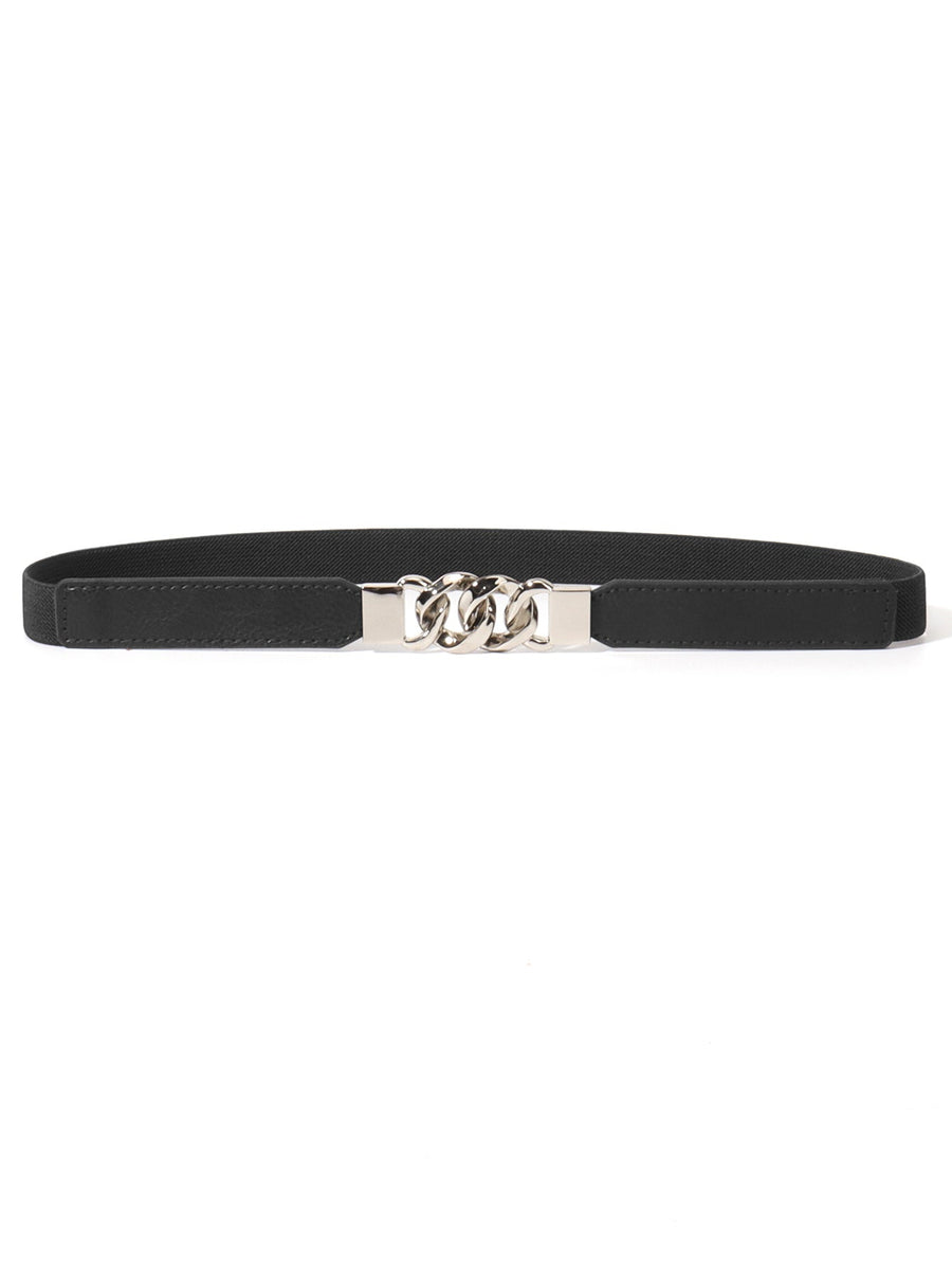 Black faux leather belt with silver chain detail and silver buckle.