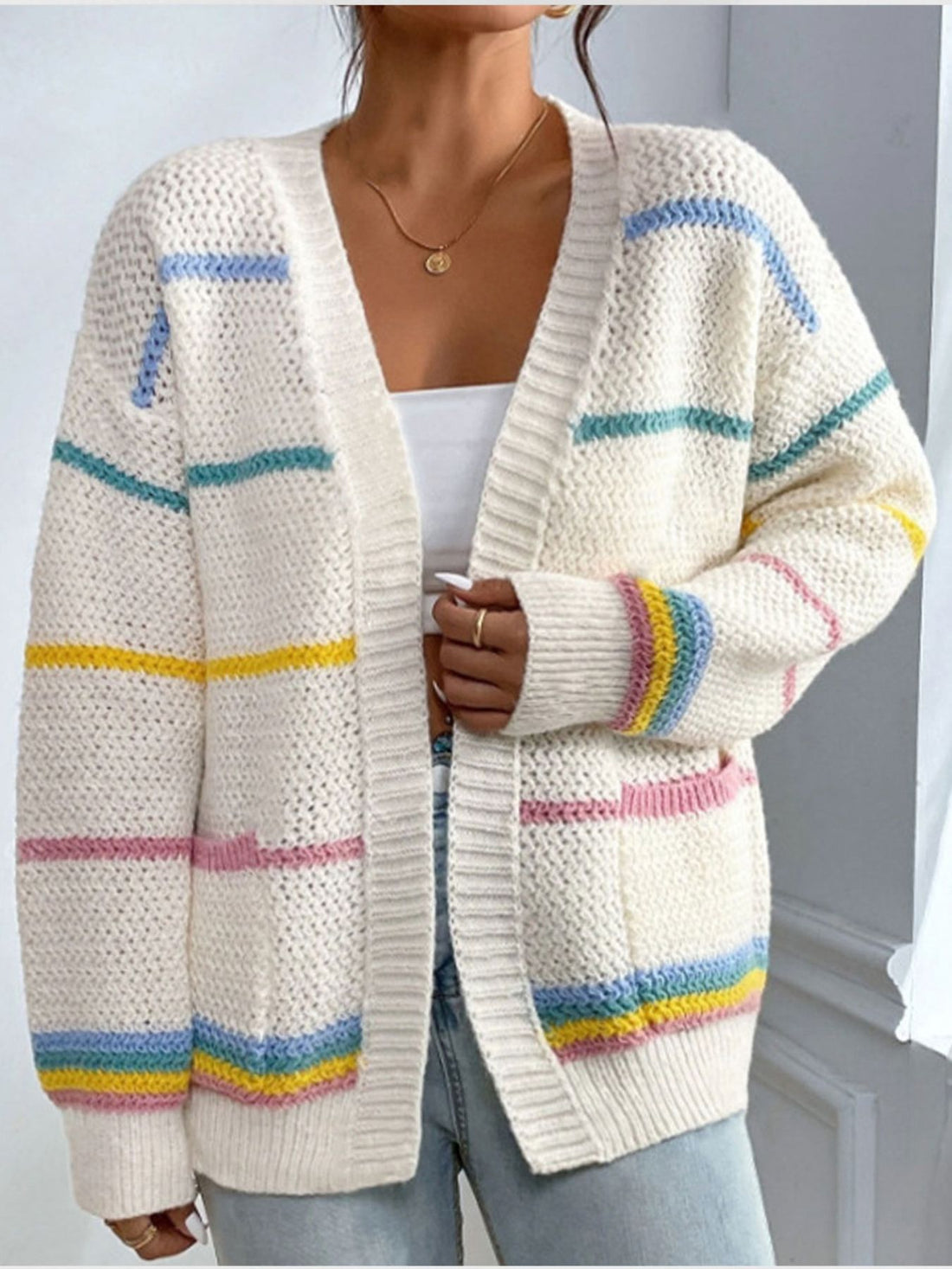 cardigan in Pink with striped and pocketed