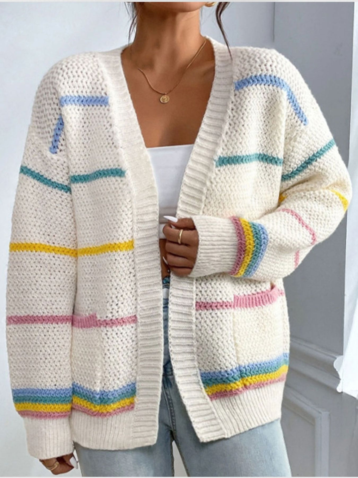 cardigan in Pink with striped and pocketed