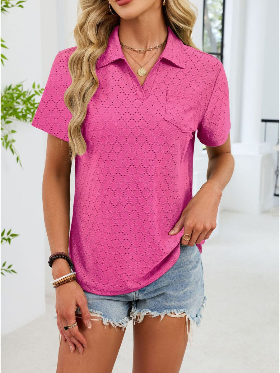 Hot Pink eyelet polo collar blouse with short sleeves and a chest pocket.