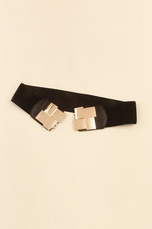 Black stretch belt with gold geometric buckle detail