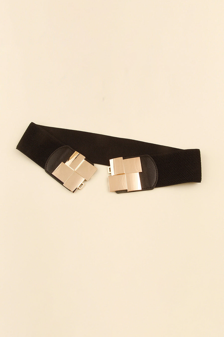 Black stretch belt with gold geometric buckle detail