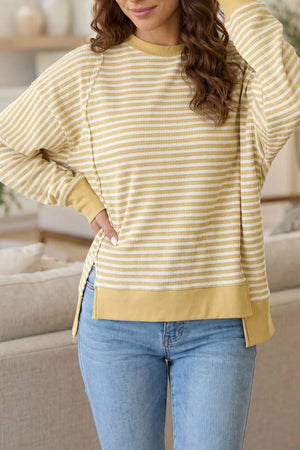 Blush Pink Stripe Textured Knit Color Block Long Sleeve Top