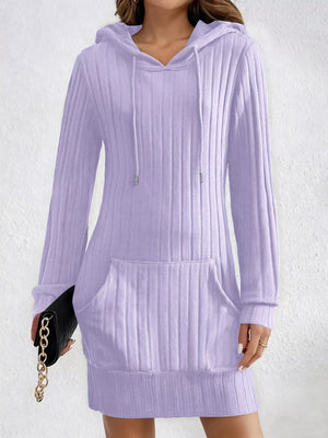 Women's purple ribbed knit hoodie dress with drawstring and front pocket.