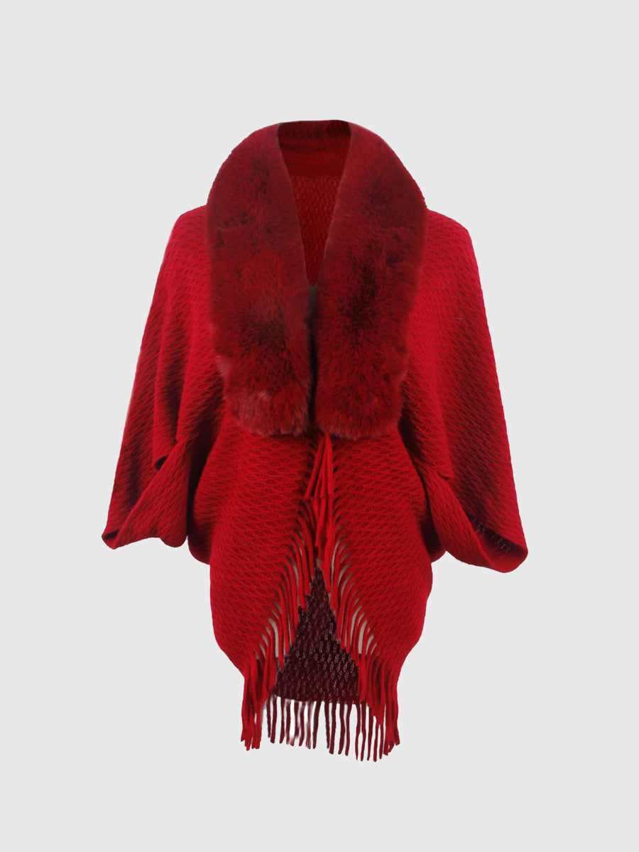 Deep Red textured knit poncho with faux fur collar and fringe detail