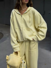 Black with Oversized Zip-up Hoodie And Wide-leg Pants Set