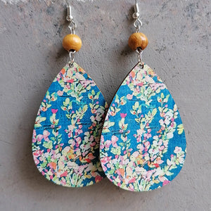 Teardrop botanical drop earrings with wood bead, blue floral print
