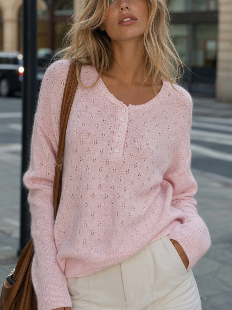 Blue pullover sweater featuring buttoned and pointelle