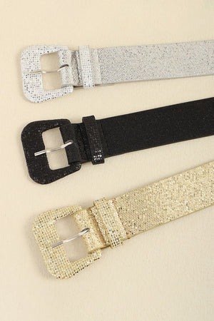 Glittering square buckle belts in black, gold, and silver.