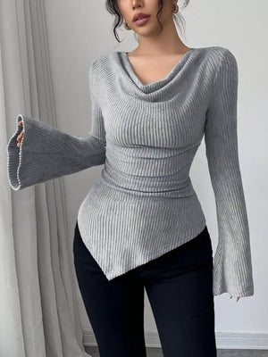 Gray ribbed cowl neck top with asymmetrical hem and bell sleeves