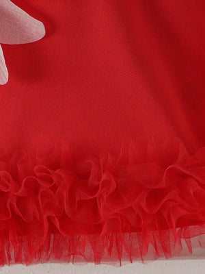 Red with Children's Flower Sleeveless Round Neck Dress in Red