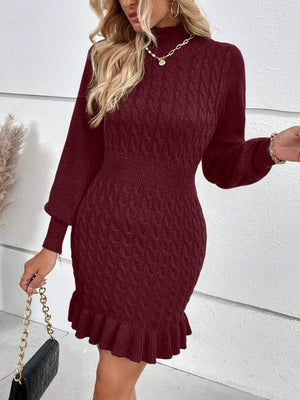burgundy sweater dress with cable knit and mock neck