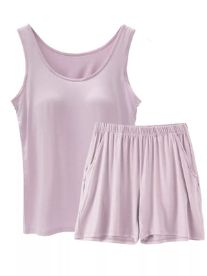 Relaxed padded tank and shorts set in Bean Paste Powder with rounded neckline and elastic waist shorts with pockets.