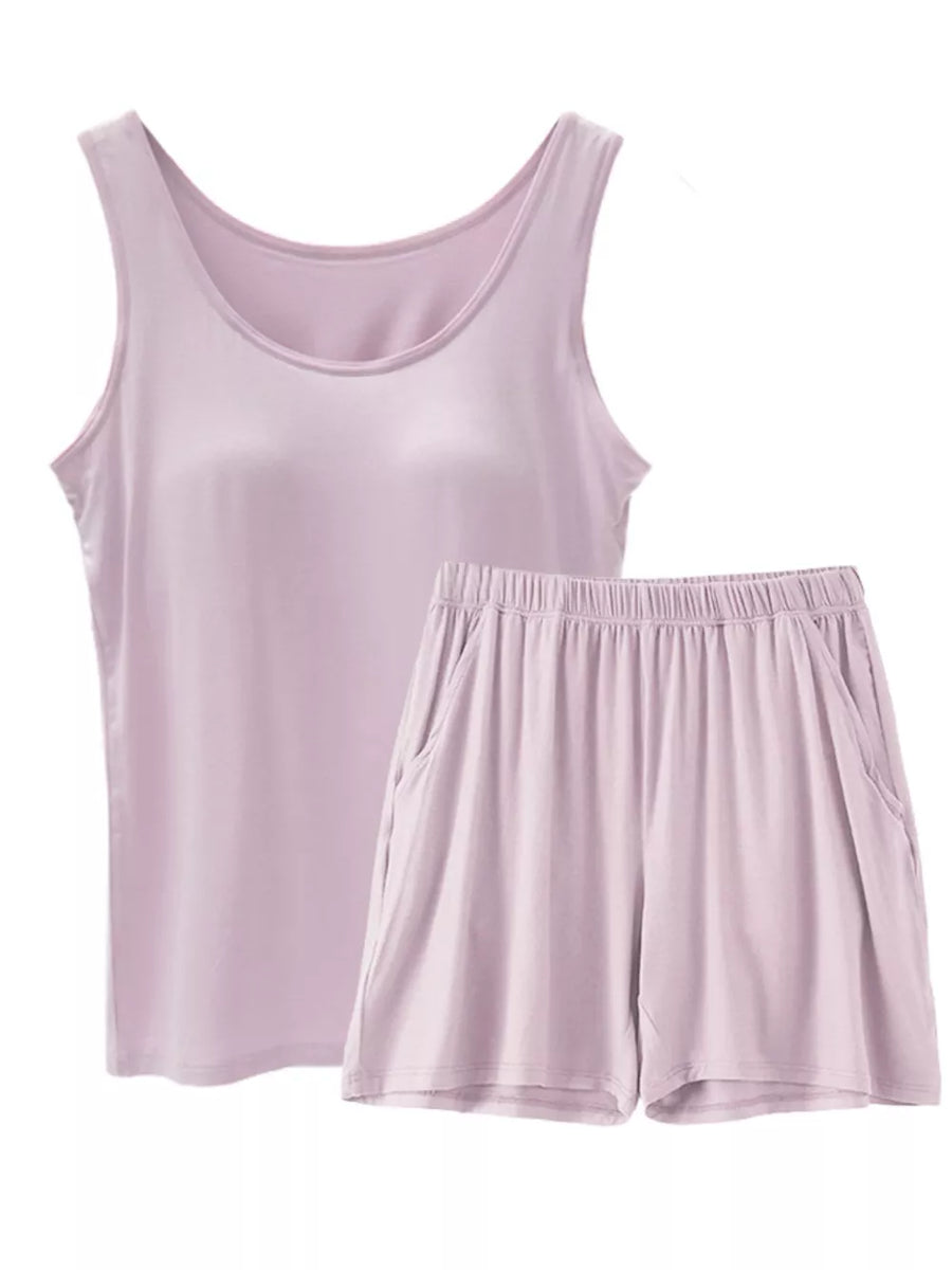 Relaxed padded tank and shorts set in Bean Paste Powder with rounded neckline and elastic waist shorts with pockets.