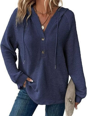 Purple Red Full Size Waffle Knit Half-button Hoodie Plus Size