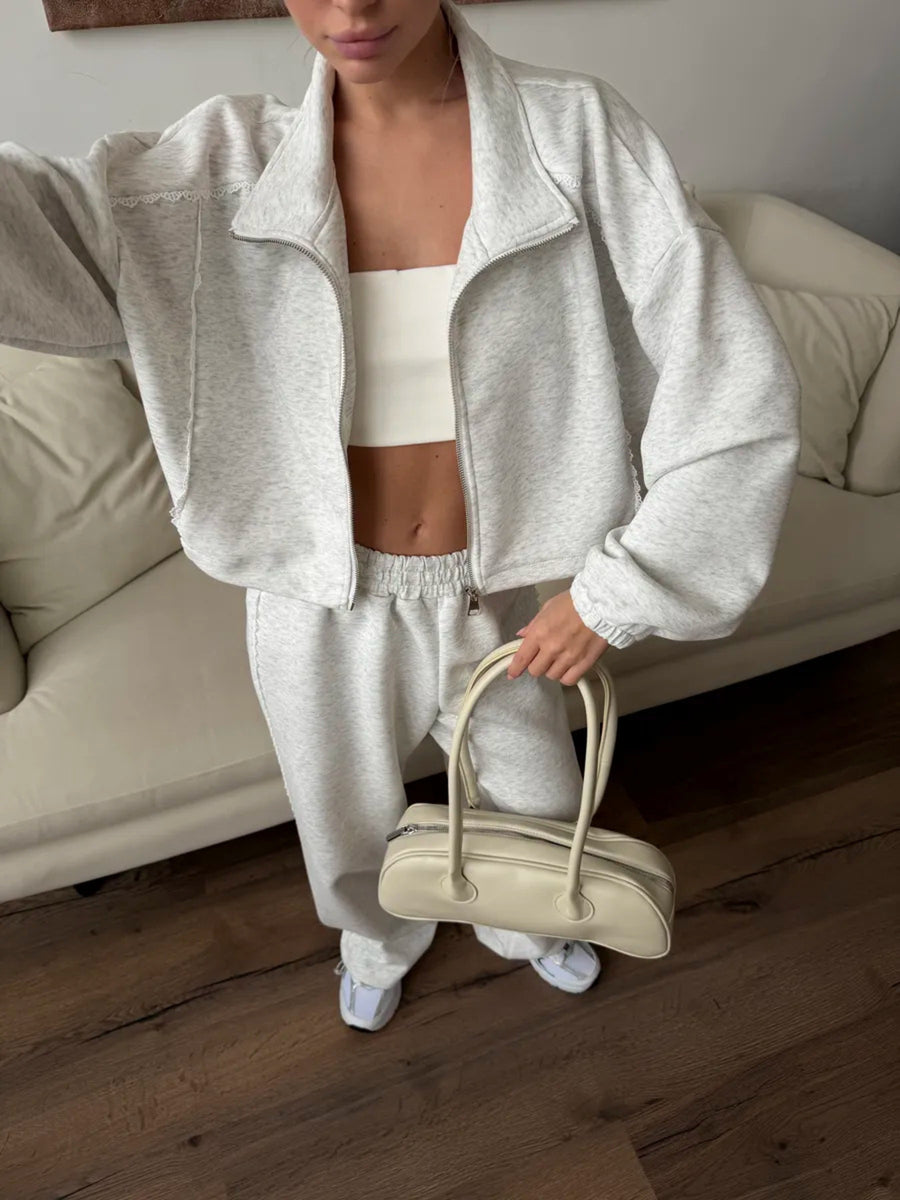 light grey lounge set with cropped and zip-front