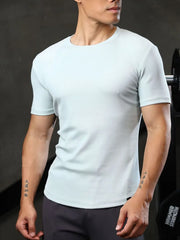 Men's light blue ribbed crewneck tee with short sleeves.