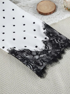 black pajama set with open-front and polka dot
