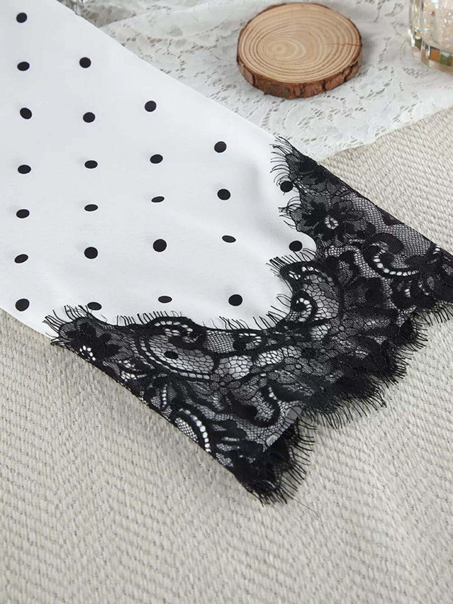black pajama set with open-front and polka dot