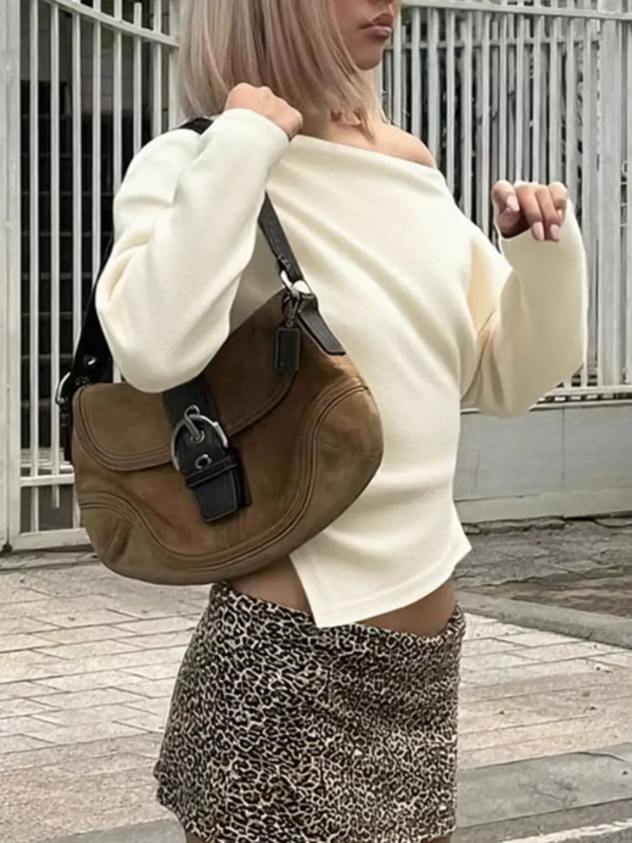 Apricot draped asymmetrical off-shoulder t-shirt with long sleeves and a relaxed fit.