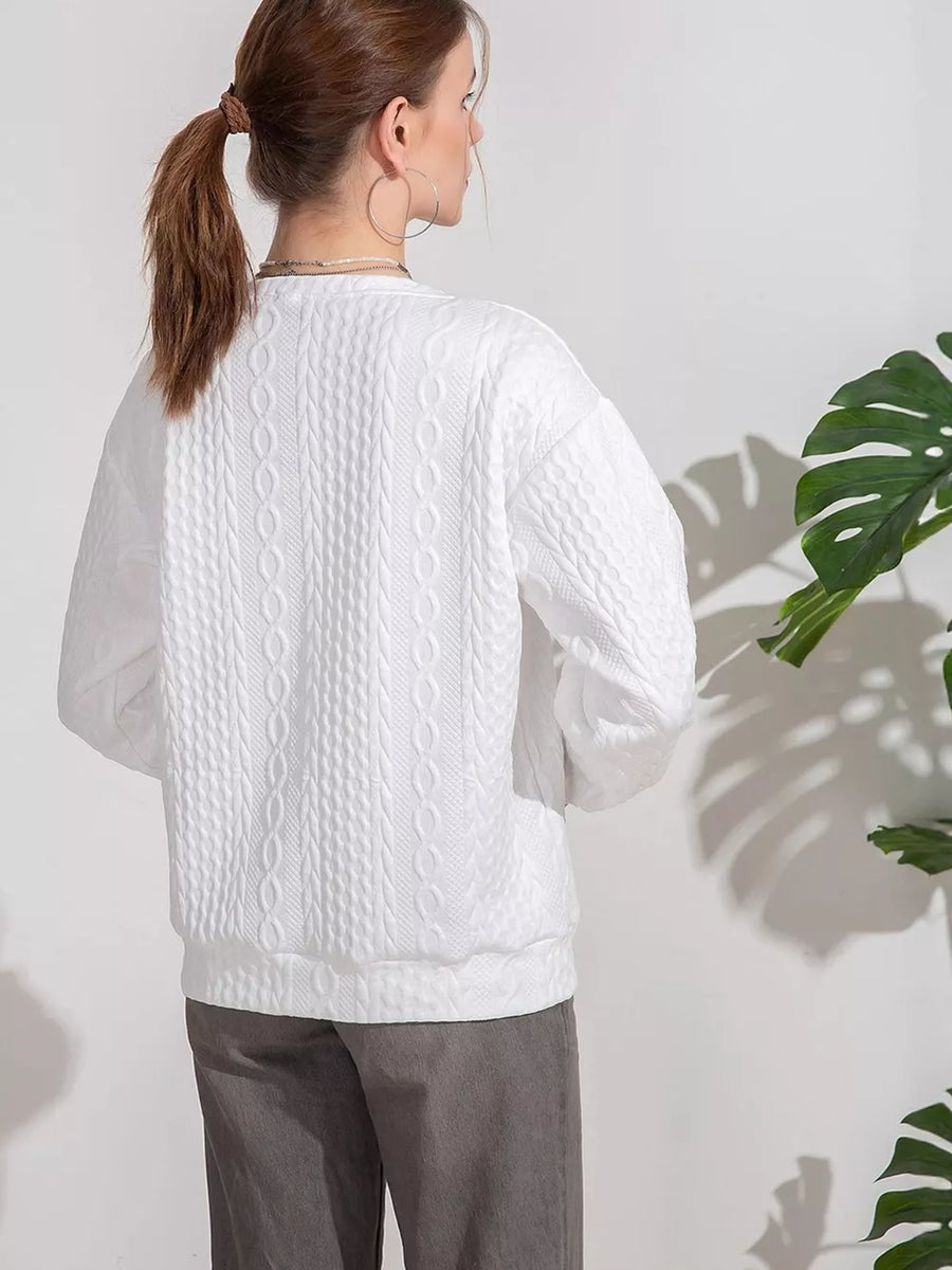 Textured Knit Crewneck Sweatshirt in White