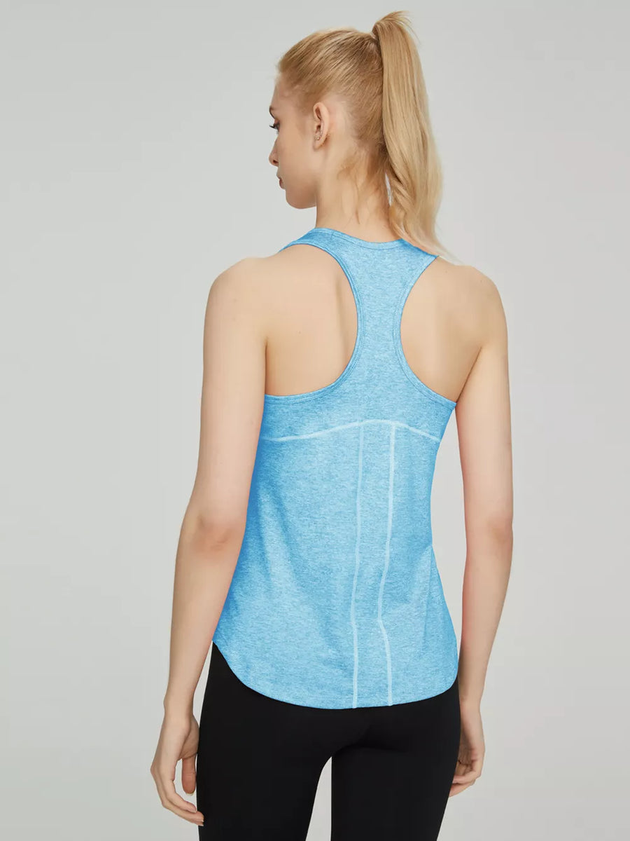 Blue heathered athletic tank top with racerback and seam details