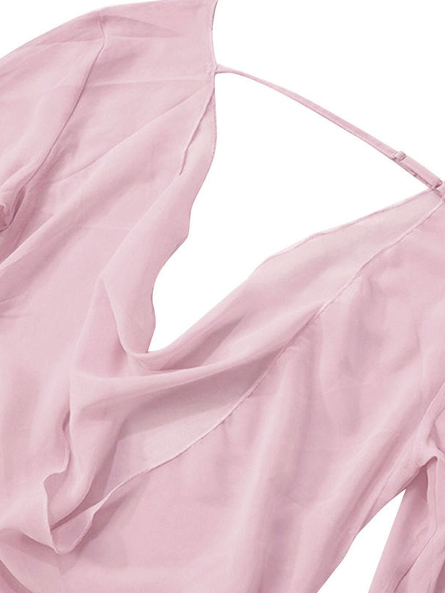 Pink chiffon mini dress with draped backless detail and adjustable strap
