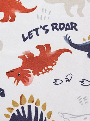 White fabric with a dinosaur print and "LET'S ROAR" text.