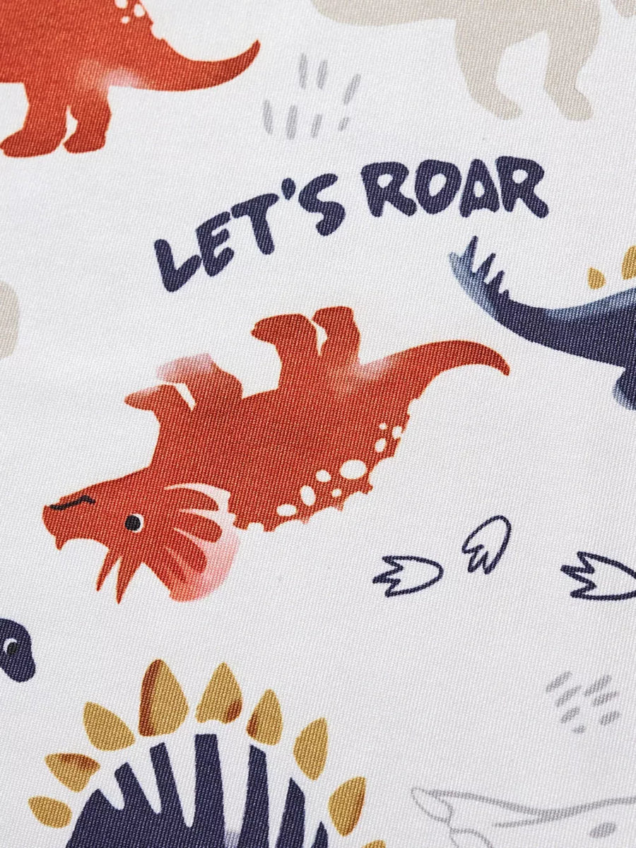 White fabric with a dinosaur print and "LET'S ROAR" text.