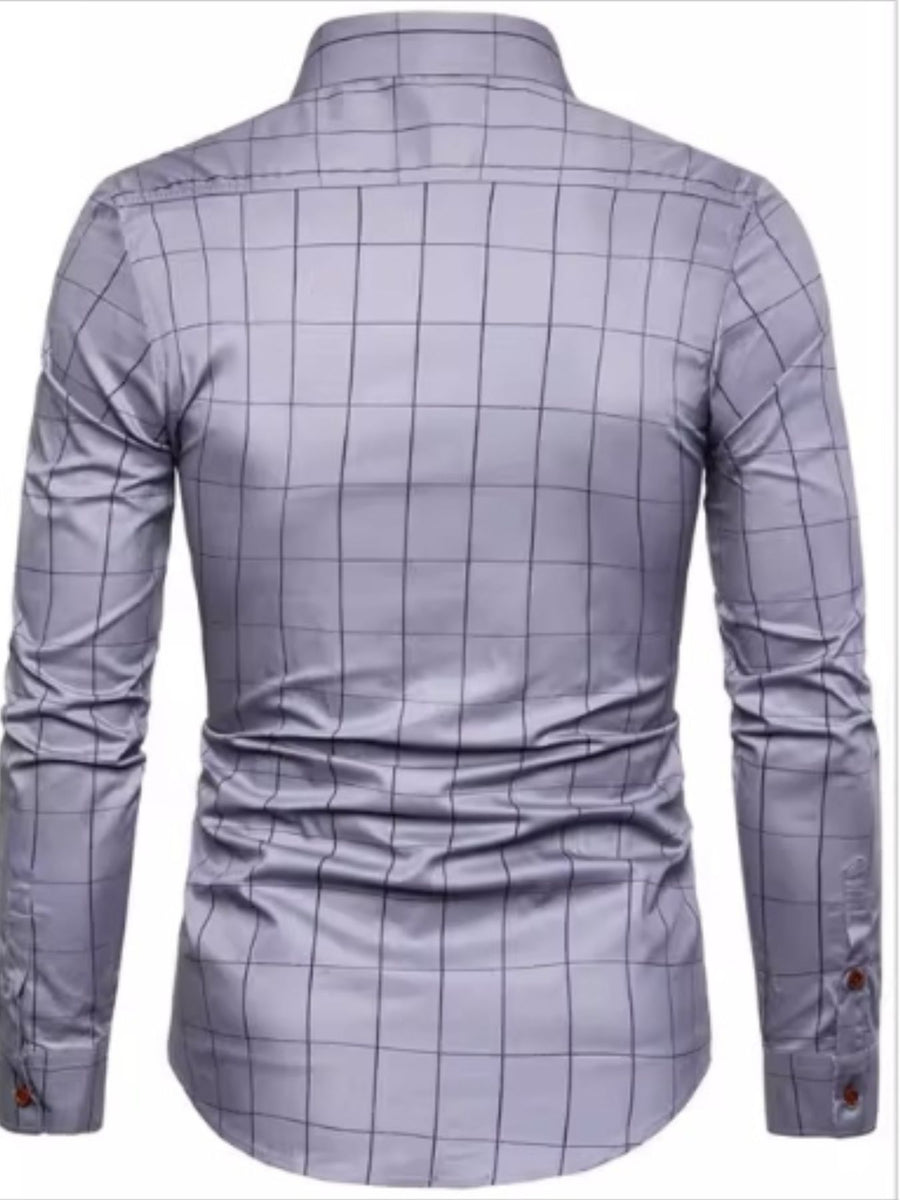 Men's grey long-sleeve button-up shirt with a subtle grid plaid pattern.