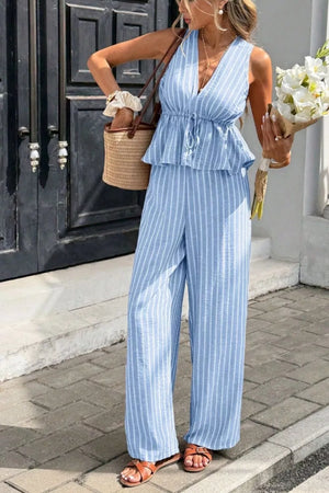 Light blue striped two-piece set with peplum top and wide-leg pants