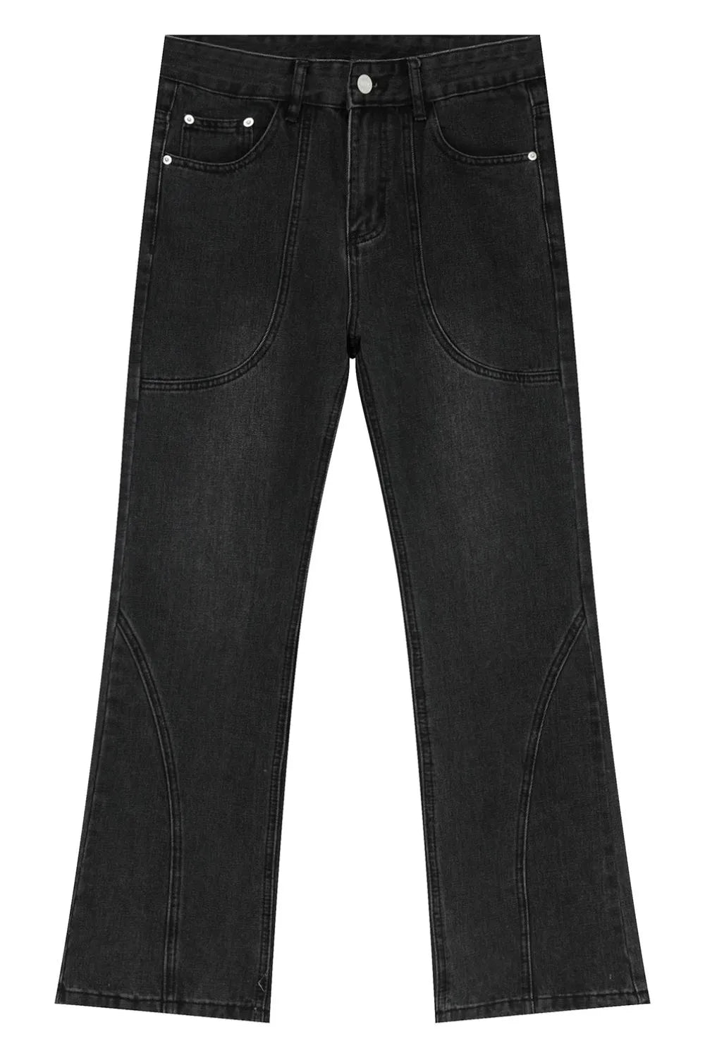 Black denim jeans with panel seam detail and straight leg cut