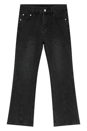 Black denim jeans with panel seam detail and straight leg cut