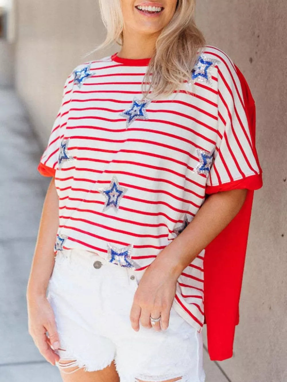 Patriotic sequin star t-shirt with red and white stripes, crew neck, and short sleeves.