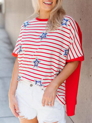 Patriotic sequin star t-shirt with red and white stripes, crew neck, and short sleeves.