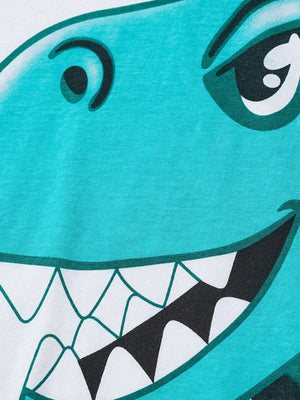 Toddler cotton two-piece set with a cartoon dinosaur graphic on a white background.