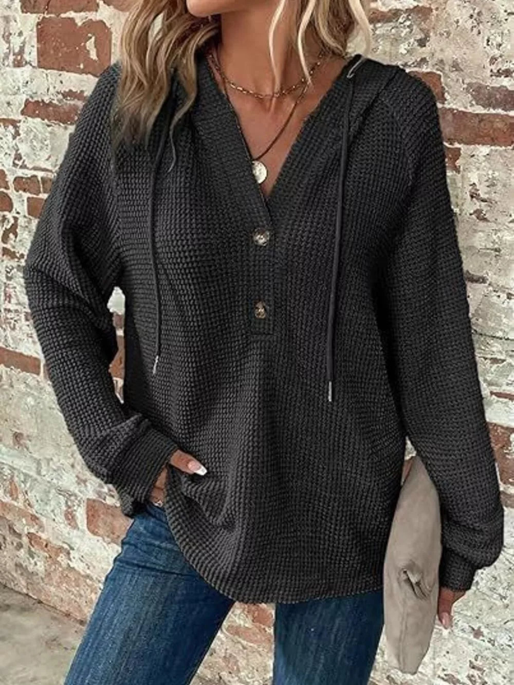 Dark Gray Full Size Waffle Knit Half-button Hoodie Plus Size