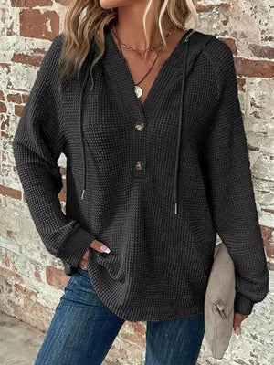 Dark Gray Full Size Waffle Knit Half-button Hoodie Plus Size
