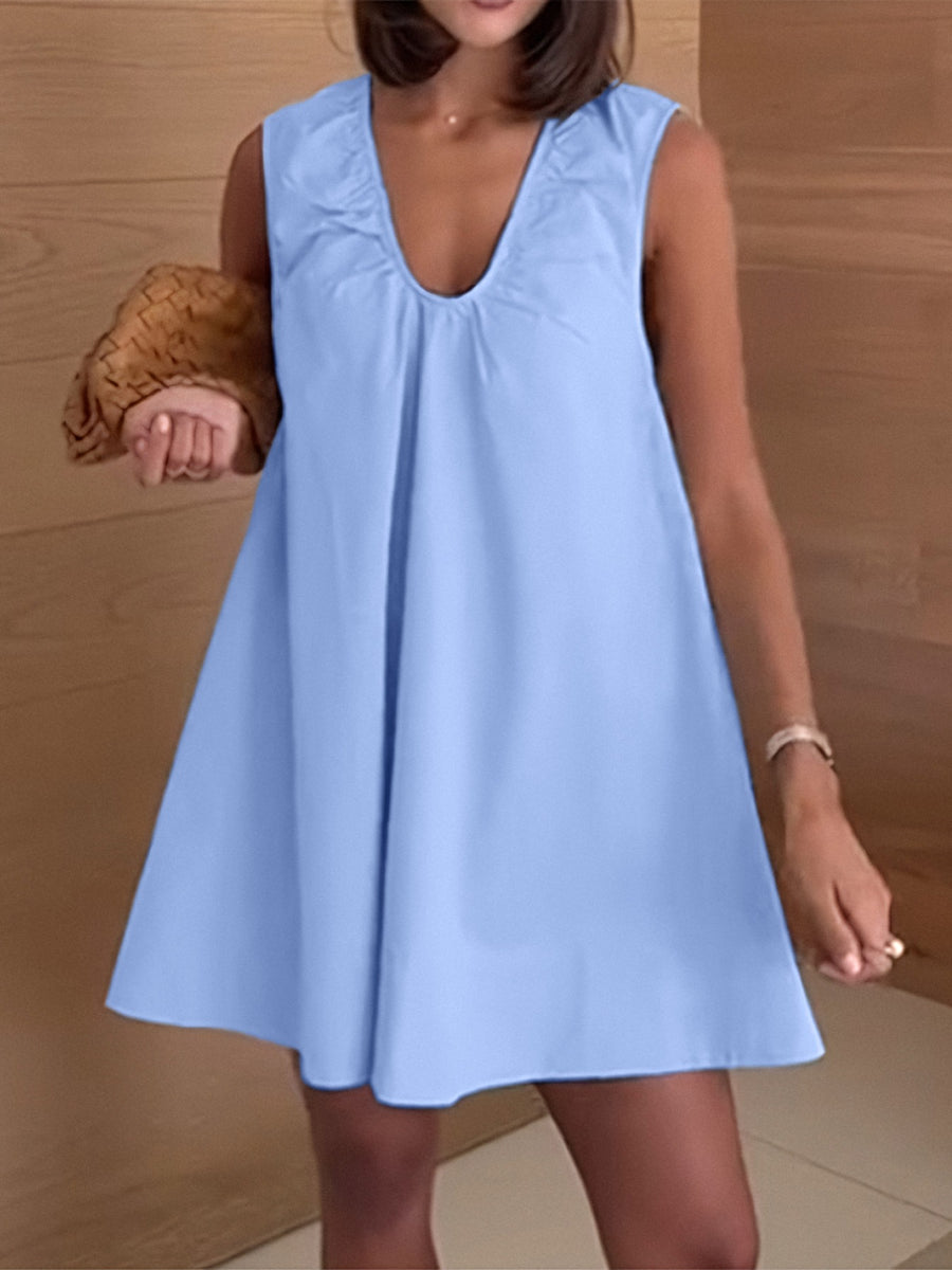 Light blue scoop neck a-line mini dress with gathered neckline detail.